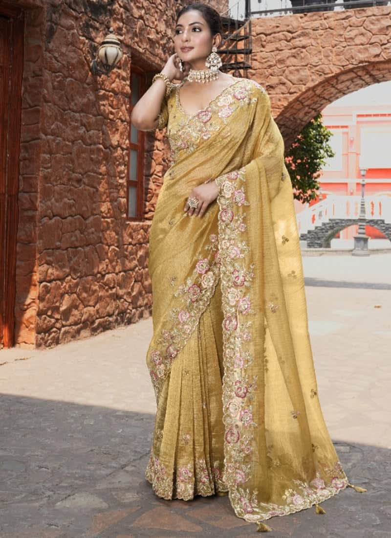 Elegant Yellow Zari Organza Tissue Saree in Bardia for sale