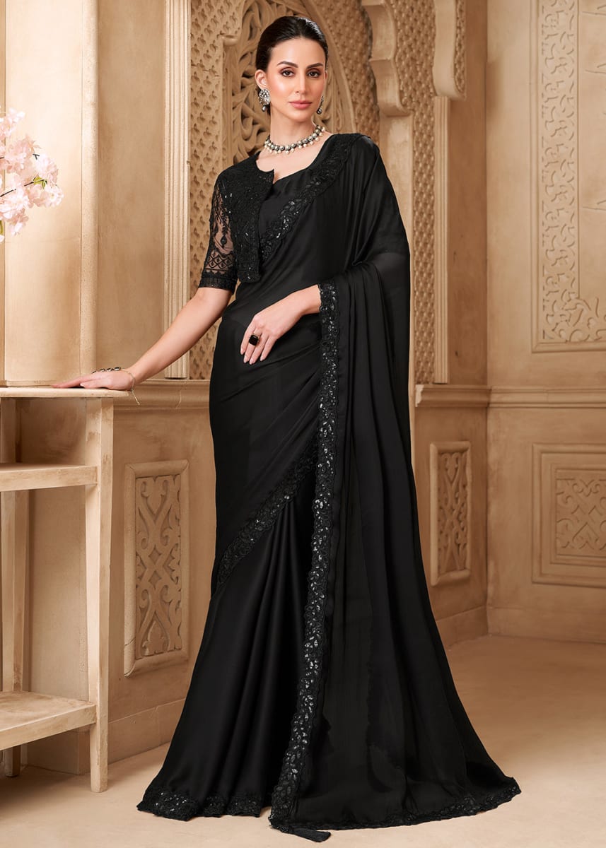 Elegant Satin Silk Saree Black in Bardia for sale