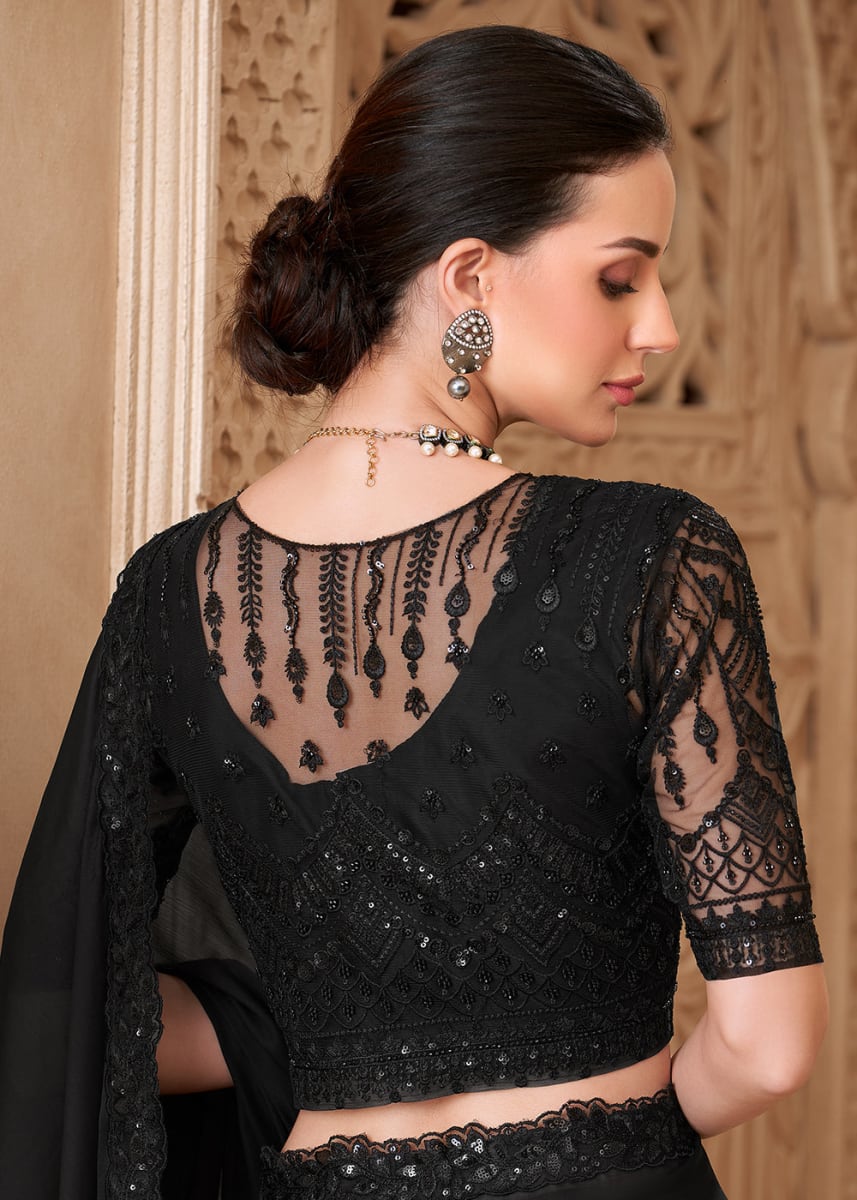 Elegant Satin Silk Saree Black photo 4