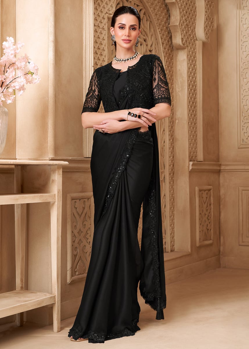 Elegant Satin Silk Saree Black photo 3