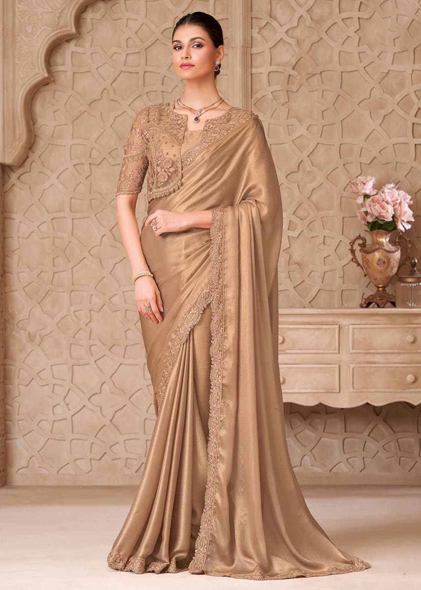 Elegant Golden Satin Georgette Saree photo 2
