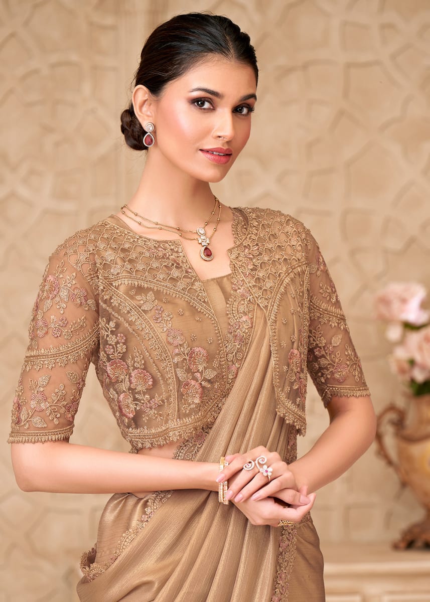 Elegant Golden Satin Georgette Saree photo 3