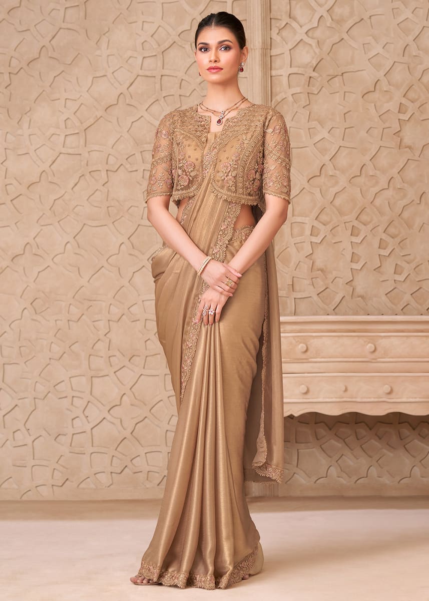 Elegant Golden Satin Georgette Saree in Bardia for sale