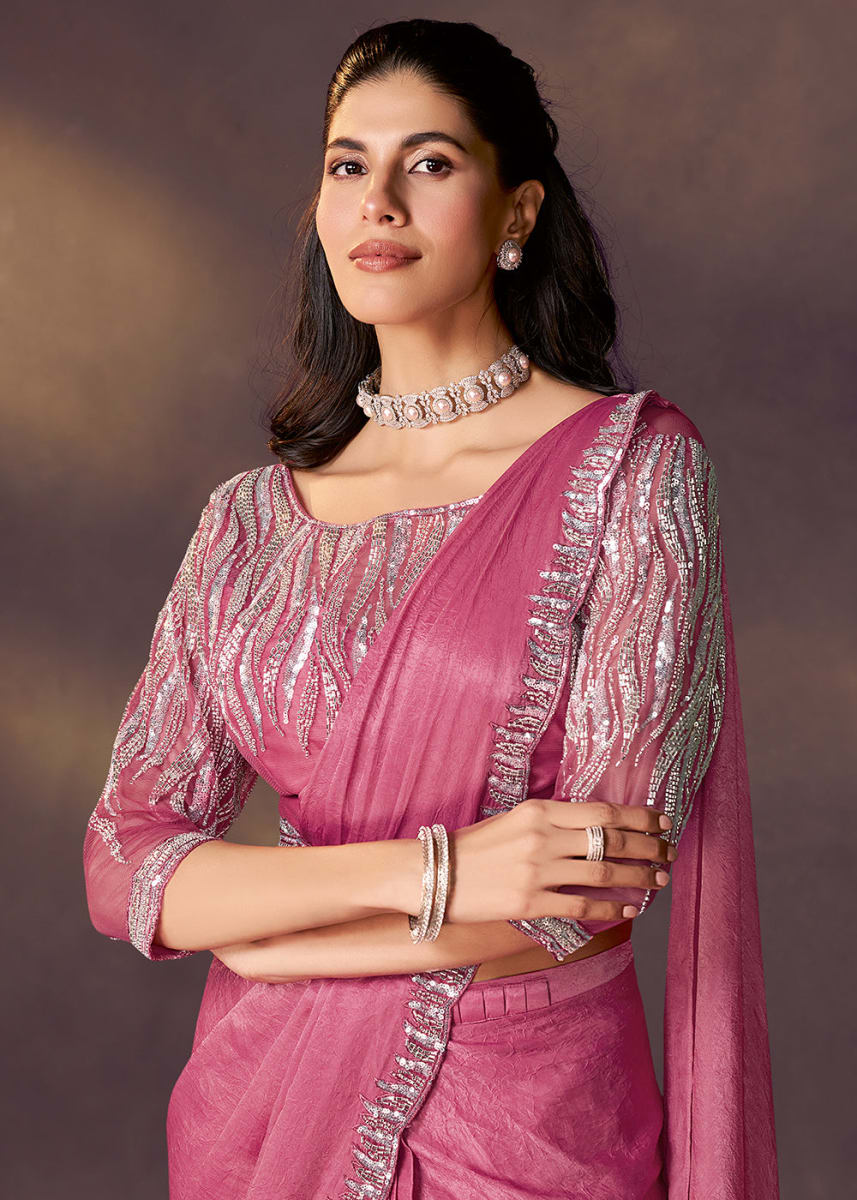 Designer Dark Pink Crushed Satin Silk Saree photo 2