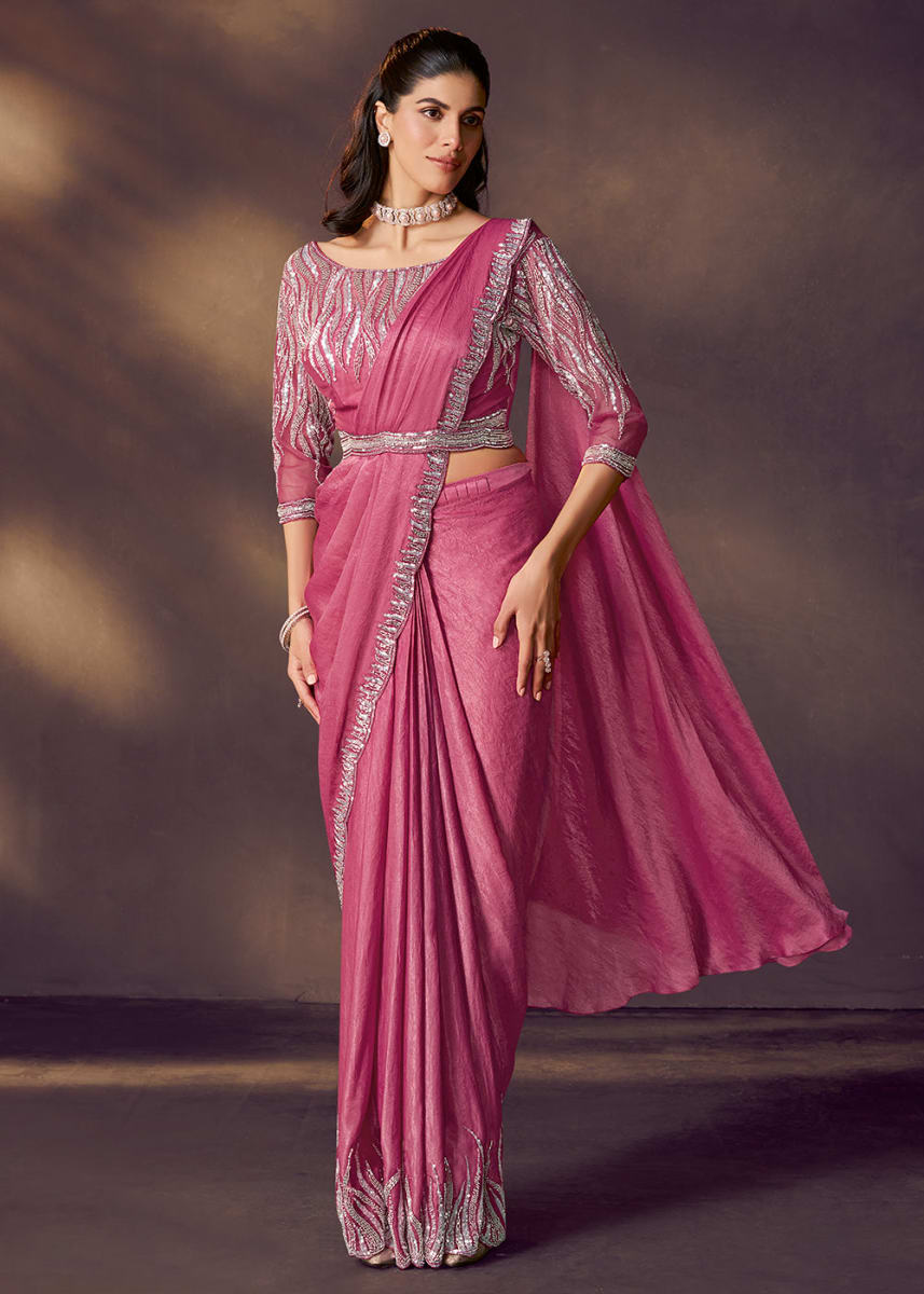 Designer Dark Pink Crushed Satin Silk Saree in Bardia for sale
