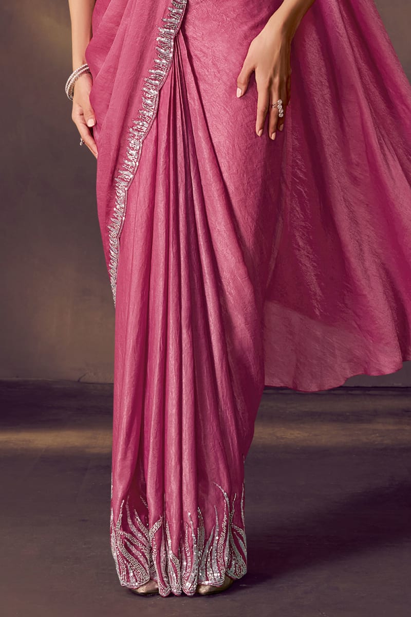 Designer Dark Pink Crushed Satin Silk Saree photo 3