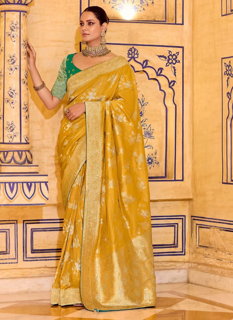 Banarasi Yellow Crepe Silk Saree in Bardia for sale