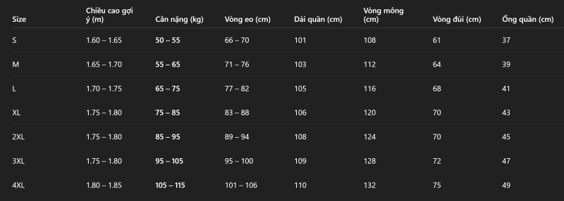 bảng size có lót nhung