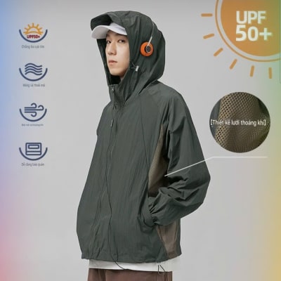 Áo khoác chống nắng UPF 50+ thiết kế mỏng nhẹ, thoáng khí, phù hợp hoạt động ngoài trời.