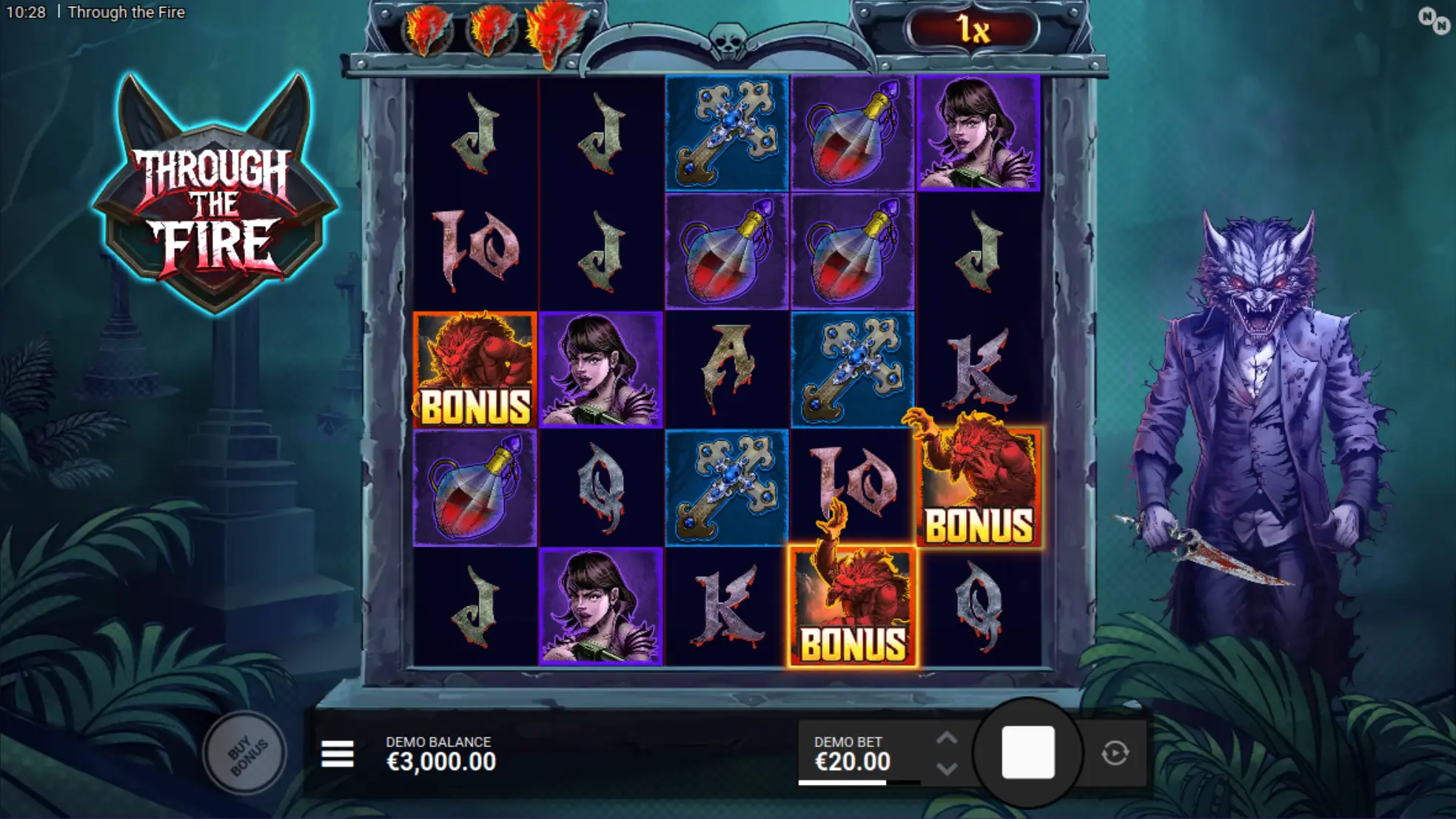 Through the Fire slot demo mode gameplay screen preview