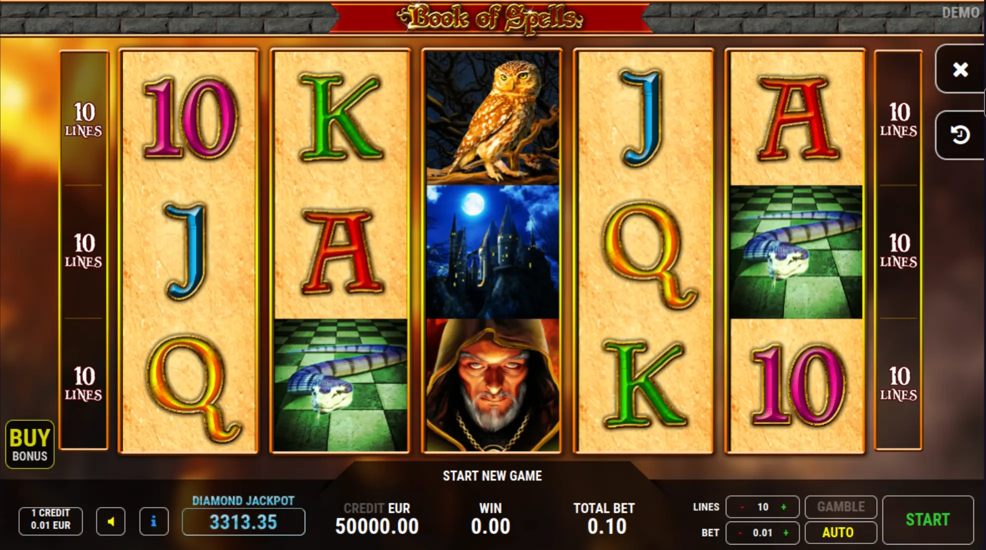 Book of Spells slot demo mode screen showing free spins feature