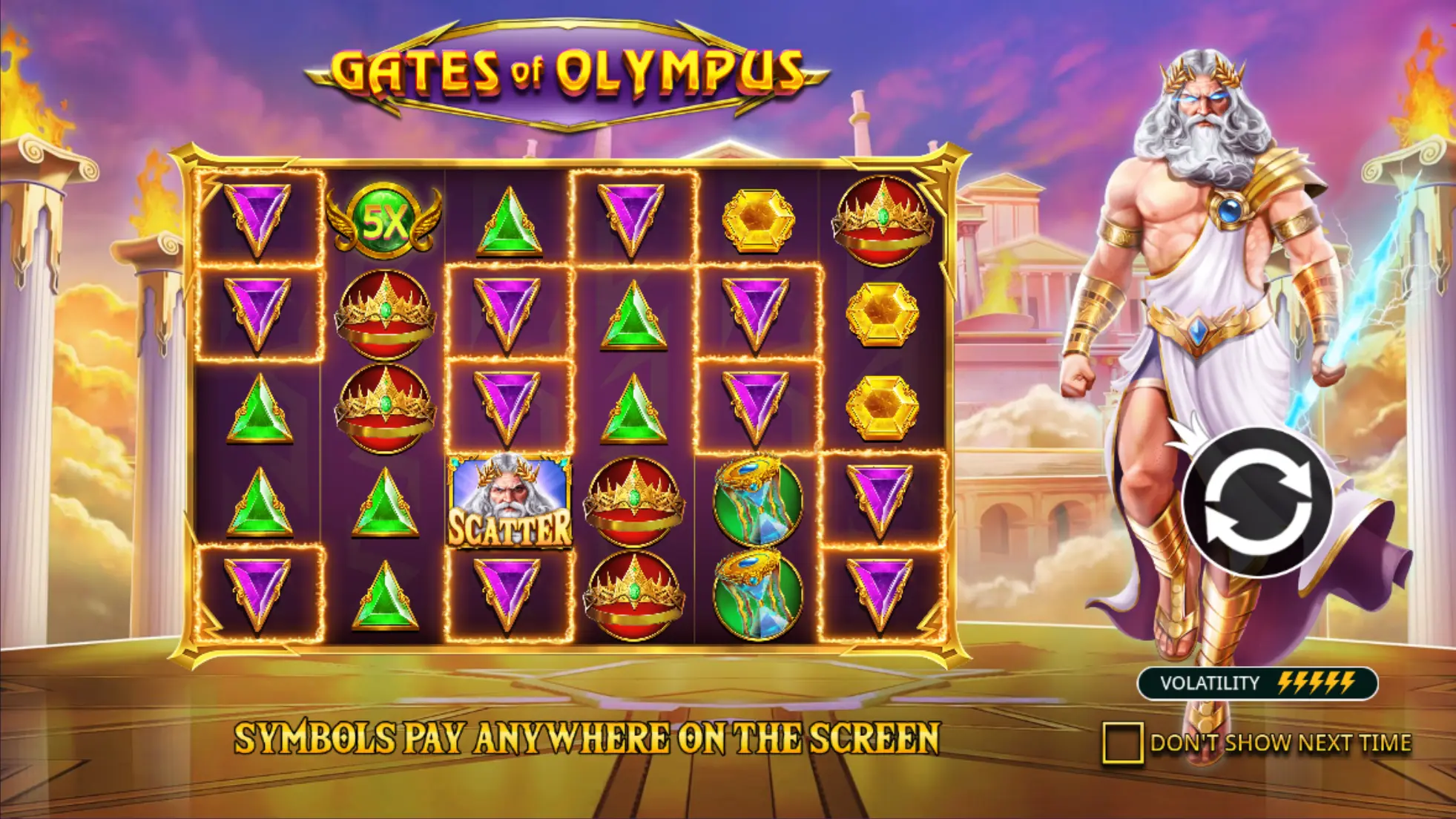 Gates of Olympus slot demo mode screen with Zeus and reels
