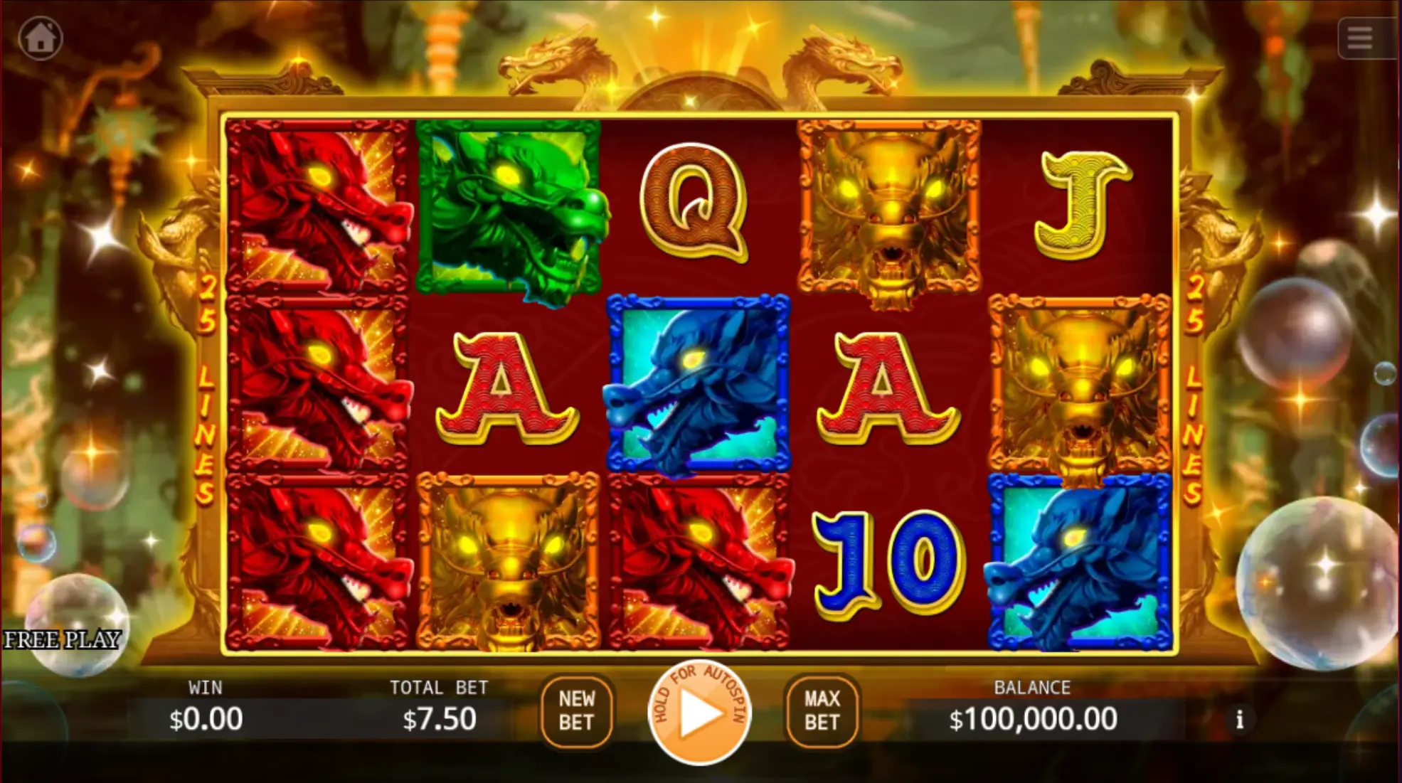 King of Dragons slot demo mode screen with reels and dragon theme
