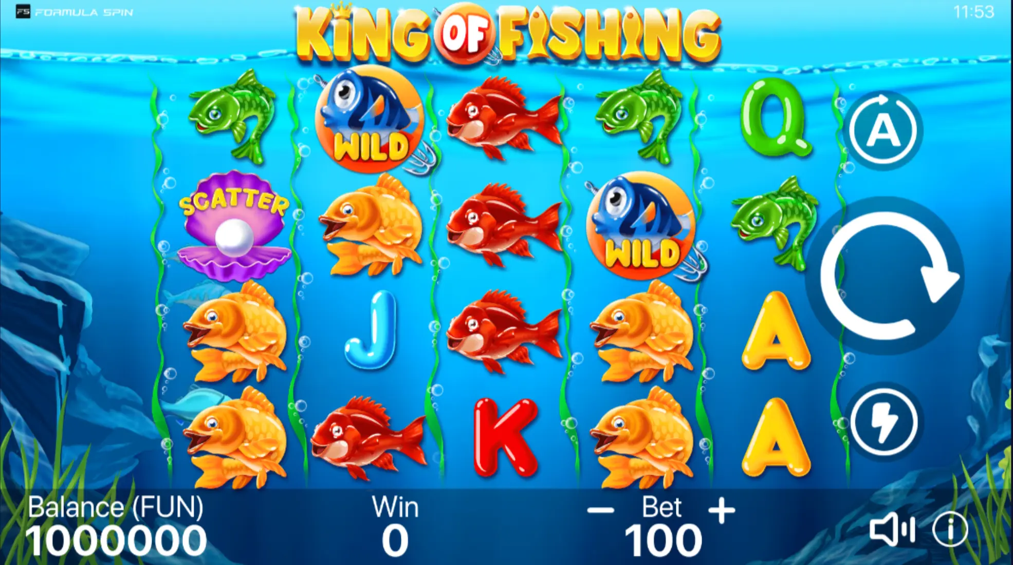 King of Fishing slot demo mode interface showing reels and bonus feature