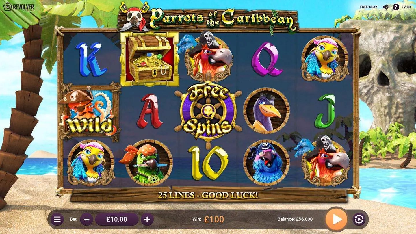 Parrots of the Caribbean slot demo mode screen with bonus feature