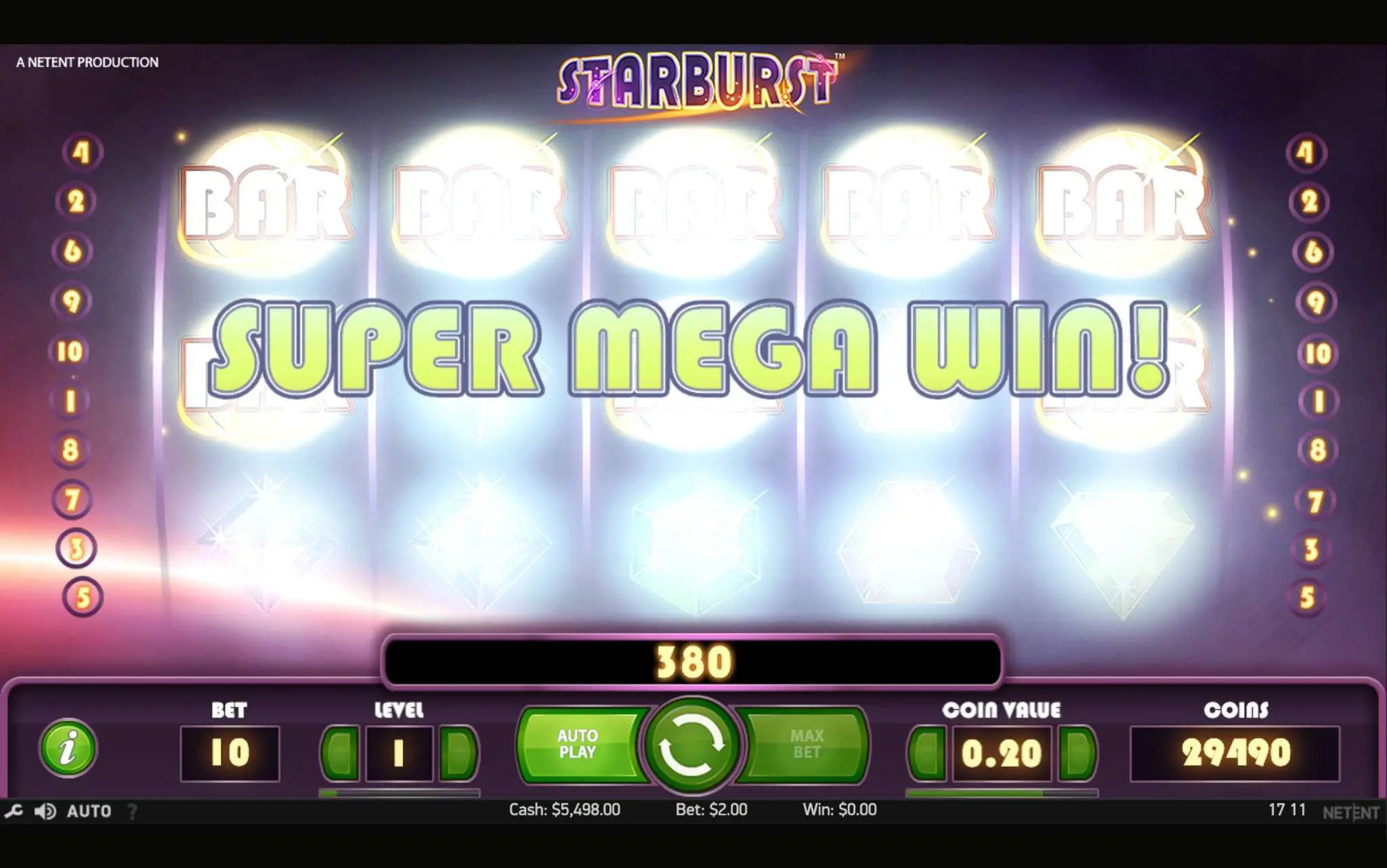 Starburst slot demo mode screen showing free play interface