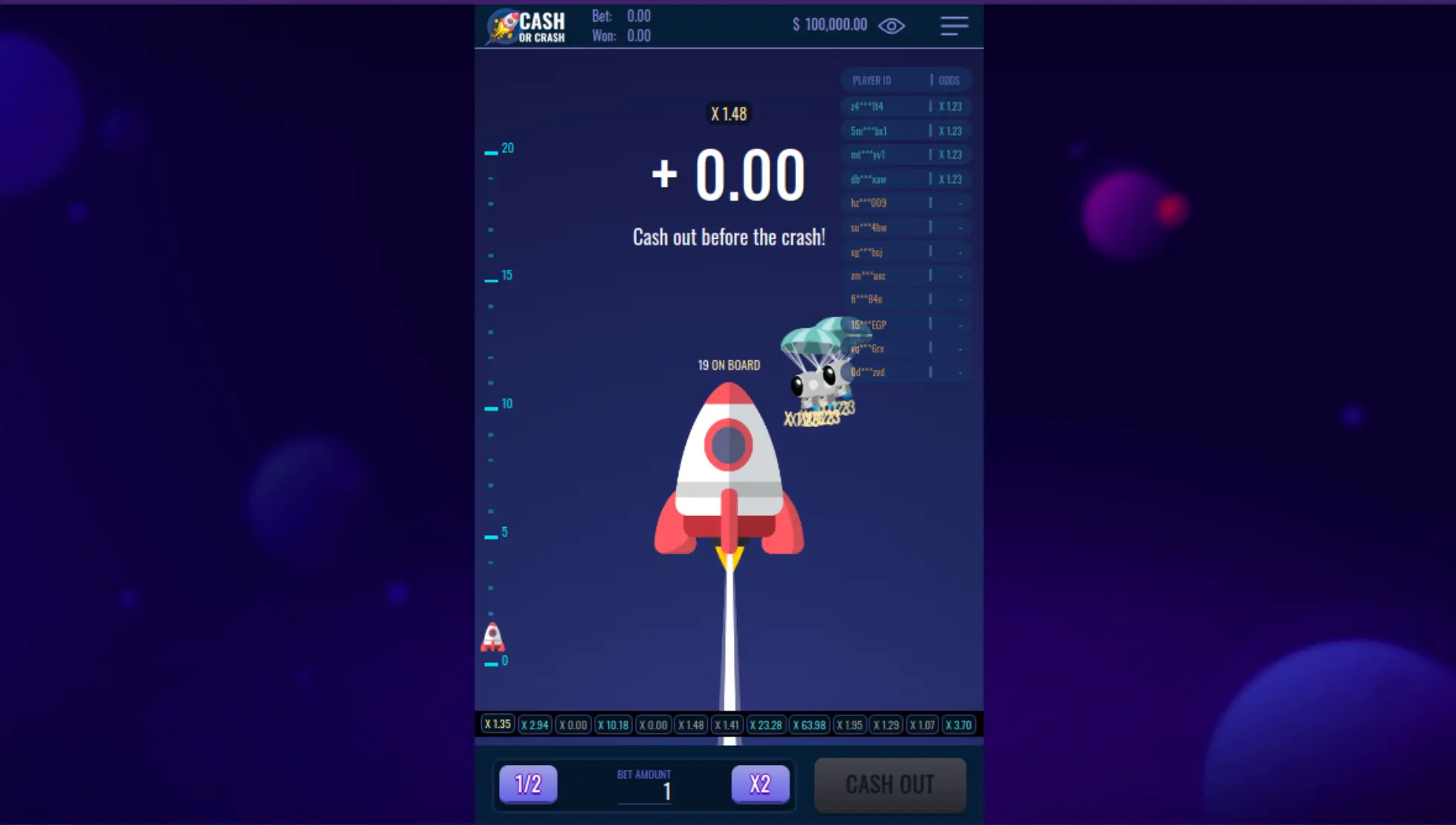Cash or crash slot demo mode showing multiplier and cash out button