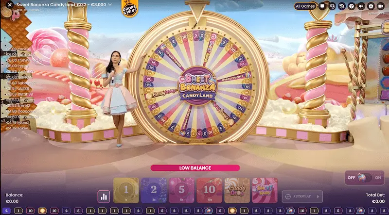 Sweet Bonanza CandyLand bonus round screen with candy multipliers