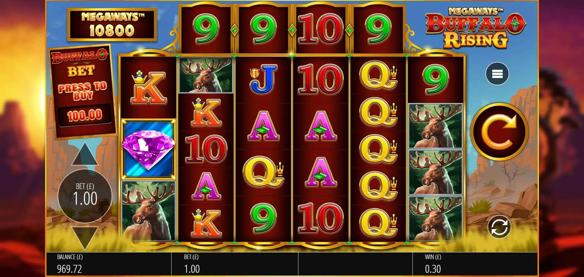Buffalo Rising Megaways demo mode screen with Megaways reels and free spins feature