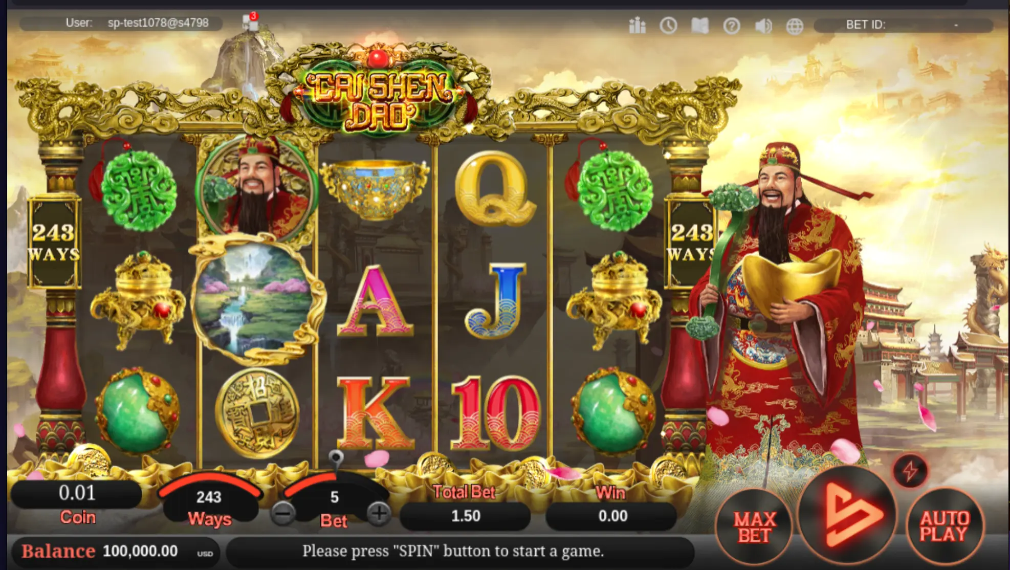 Cai Shen Dao slot demo version gameplay screen by SimplePlay