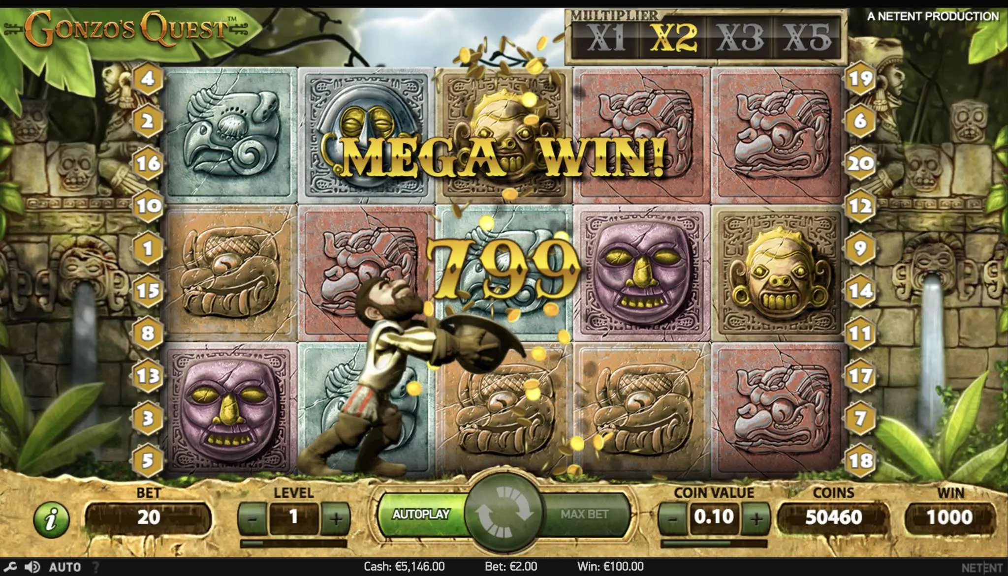 Gonzo's Quest slot demo mode interface and gameplay screen