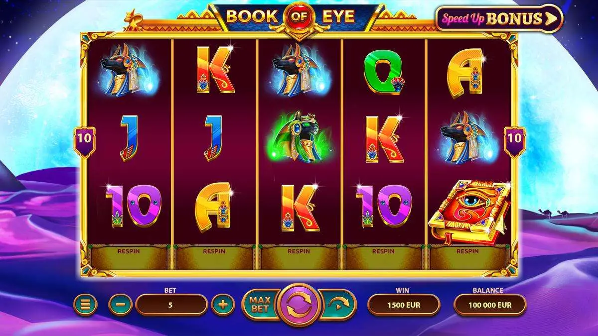 Book of Eye slot demo mode screen with free spins preview