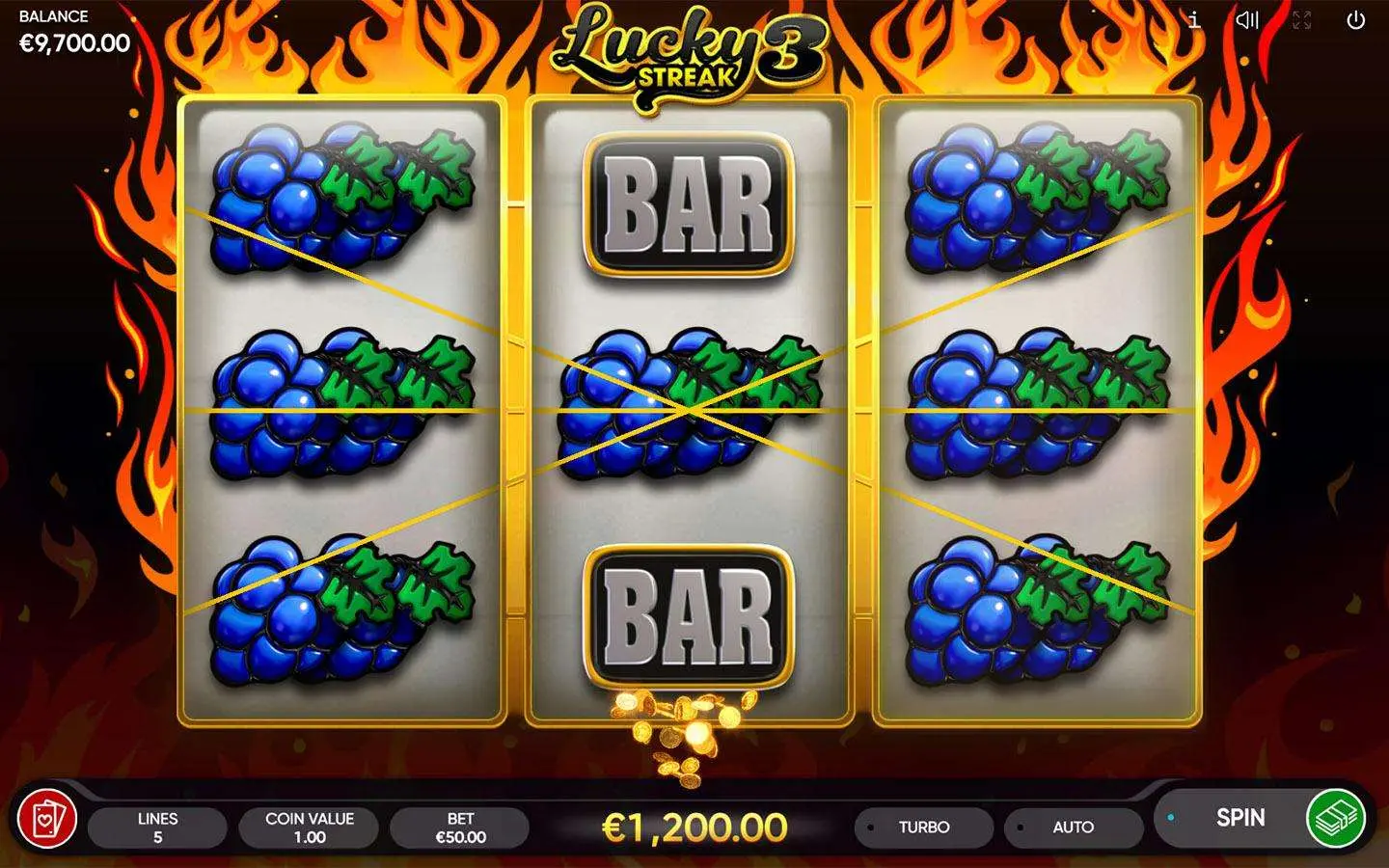 Lucky Streak 3 slot demo mode interface for practice spins