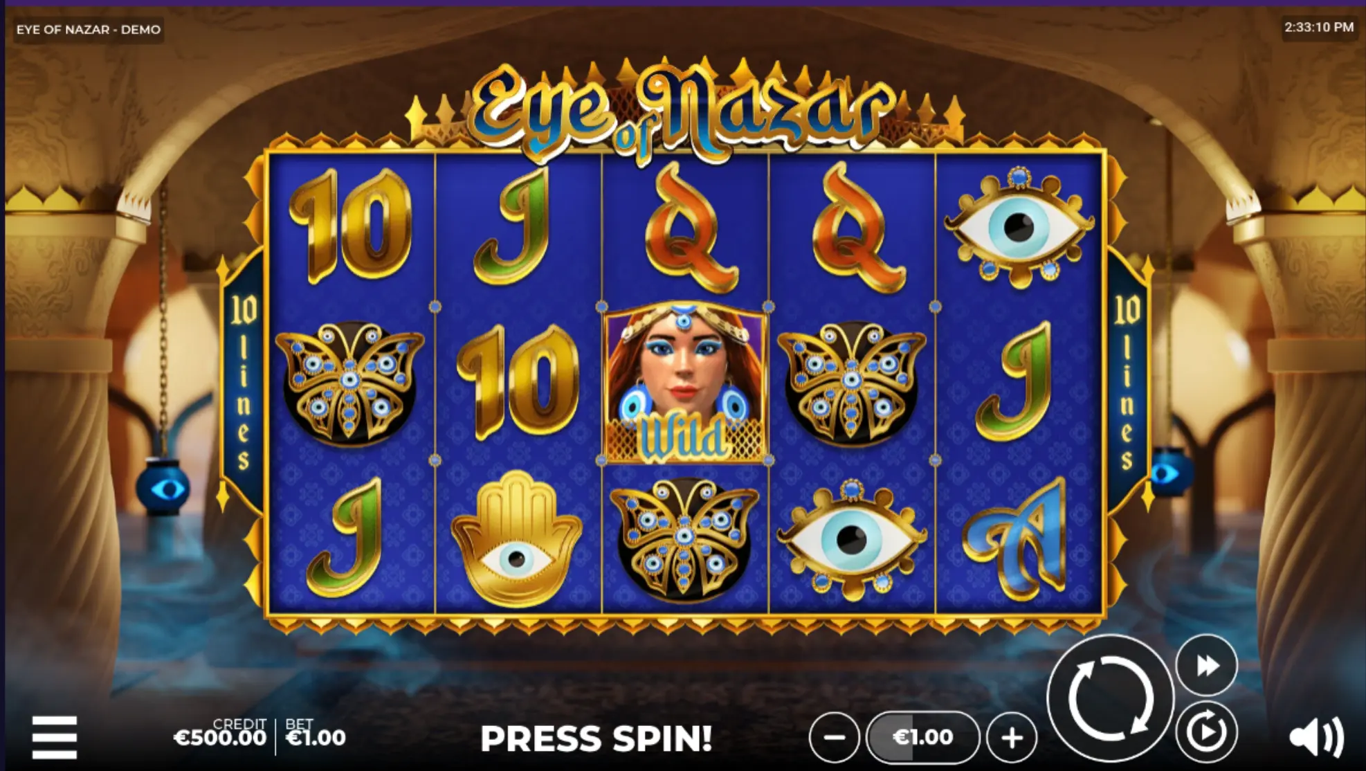 Eye of Nazar slot demo mode screen with free spins preview