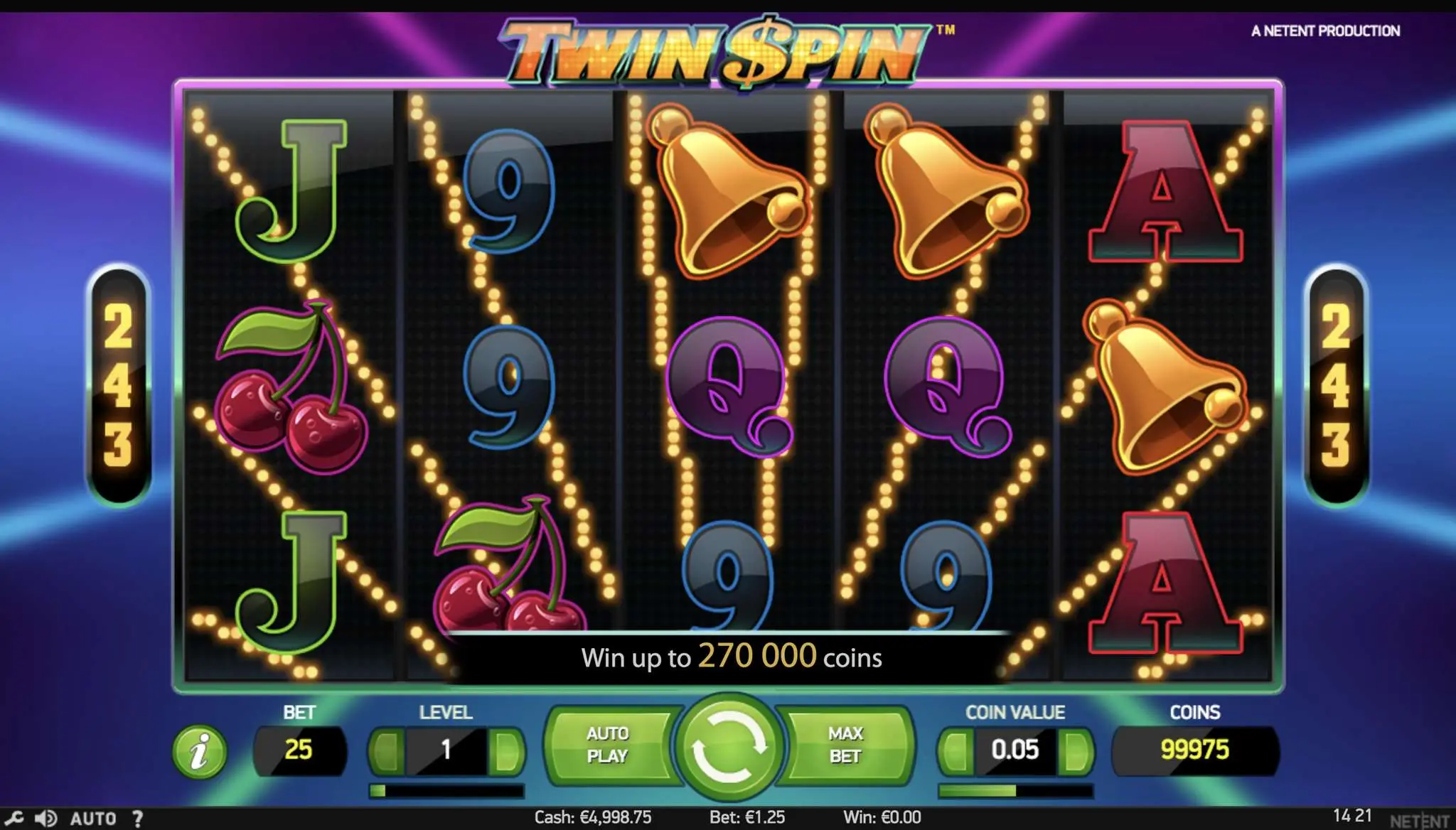 Twin Spin slot demo mode showing synchronized reels in action