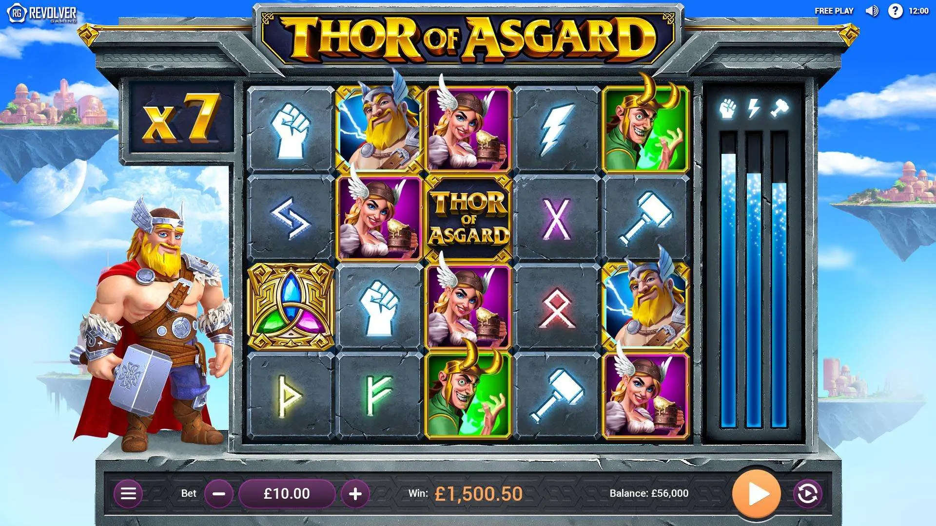 Thor of Asgard slot demo screen showing reels and bonus symbols