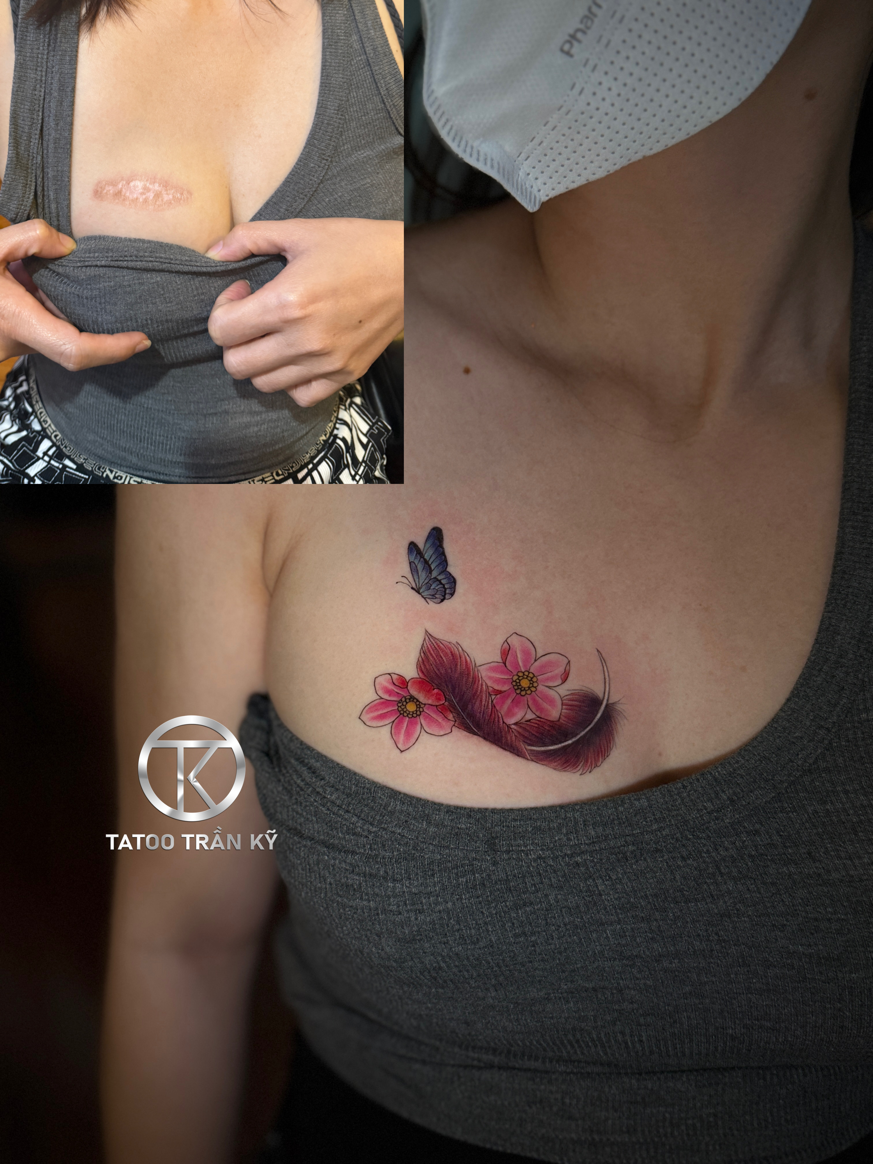Dragon and feather tattoos cover scars
