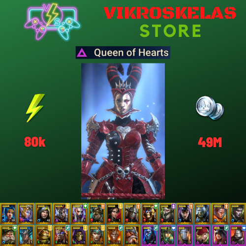 Starter acc with Queen of Hearts : 80k energy / 49 mln coins / Sigmund, Arix, Ninja + 18 Login Legendaries / Geomancer, Skullcrown