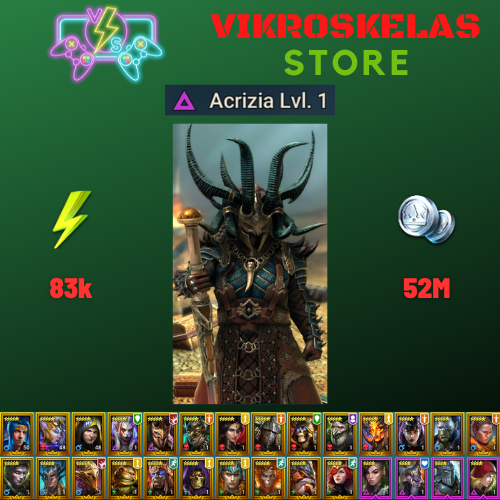 Starter acc with Acrizia : 83k energy / 52 mln coins / Sicia, Lyssandra, Elenaril, Arix, Ninja + 18 Login Legendaries / Romero + Juliana