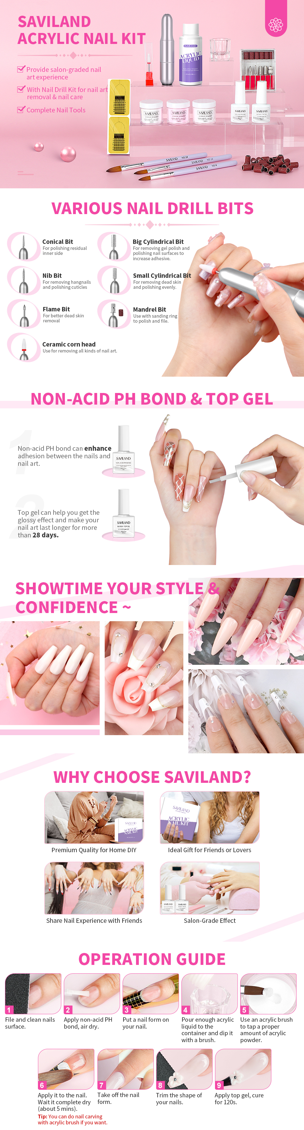 Saviland Acrylic Nail Kit Complete Set with Drill - White/Pink/Clear Acrylic Powder and Acrylic Liquid Set with Acrylic Nail Brush, Electric Nail