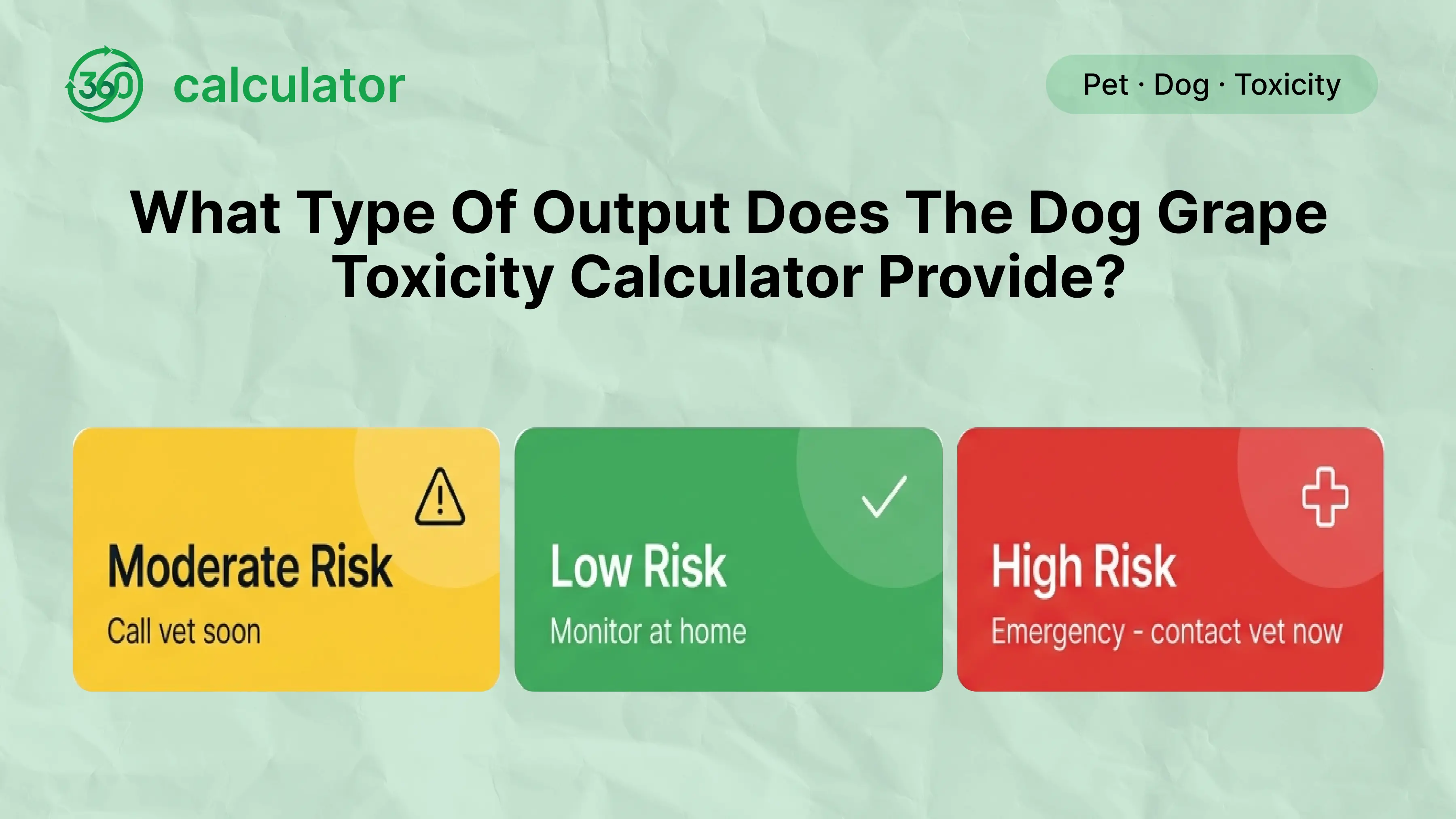 Dog Grape Toxicity Calculator Risk Assessment Results Example output from a dog grape toxicity calculator showing estimated toxicity risk level, toxic dose calculation, and guidance based on the dog's weight and the amount of grapes or raisins consumed.