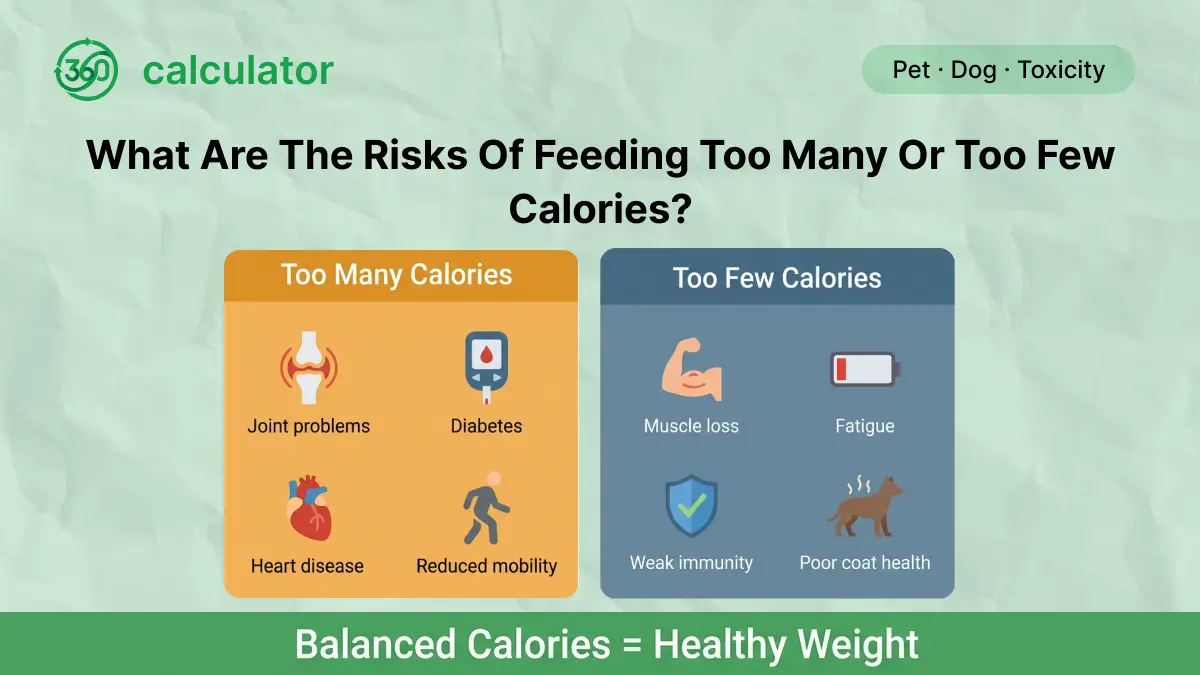 Risks of Feeding Dogs Too Many or Too Few Calories Infographic illustrating the health risks of overfeeding and underfeeding dogs, including obesity, nutrient deficiencies, weight loss, low energy, and related health complications caused by incorrect daily calorie intake.