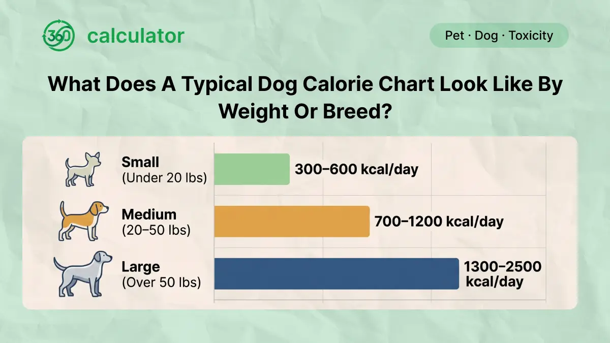 Dog Calorie Chart by Weight and Breed Dog calorie chart comparing estimated daily calorie needs by body weight and common breed sizes, helping owners understand typical feeding requirements for small, medium, and large dogs.