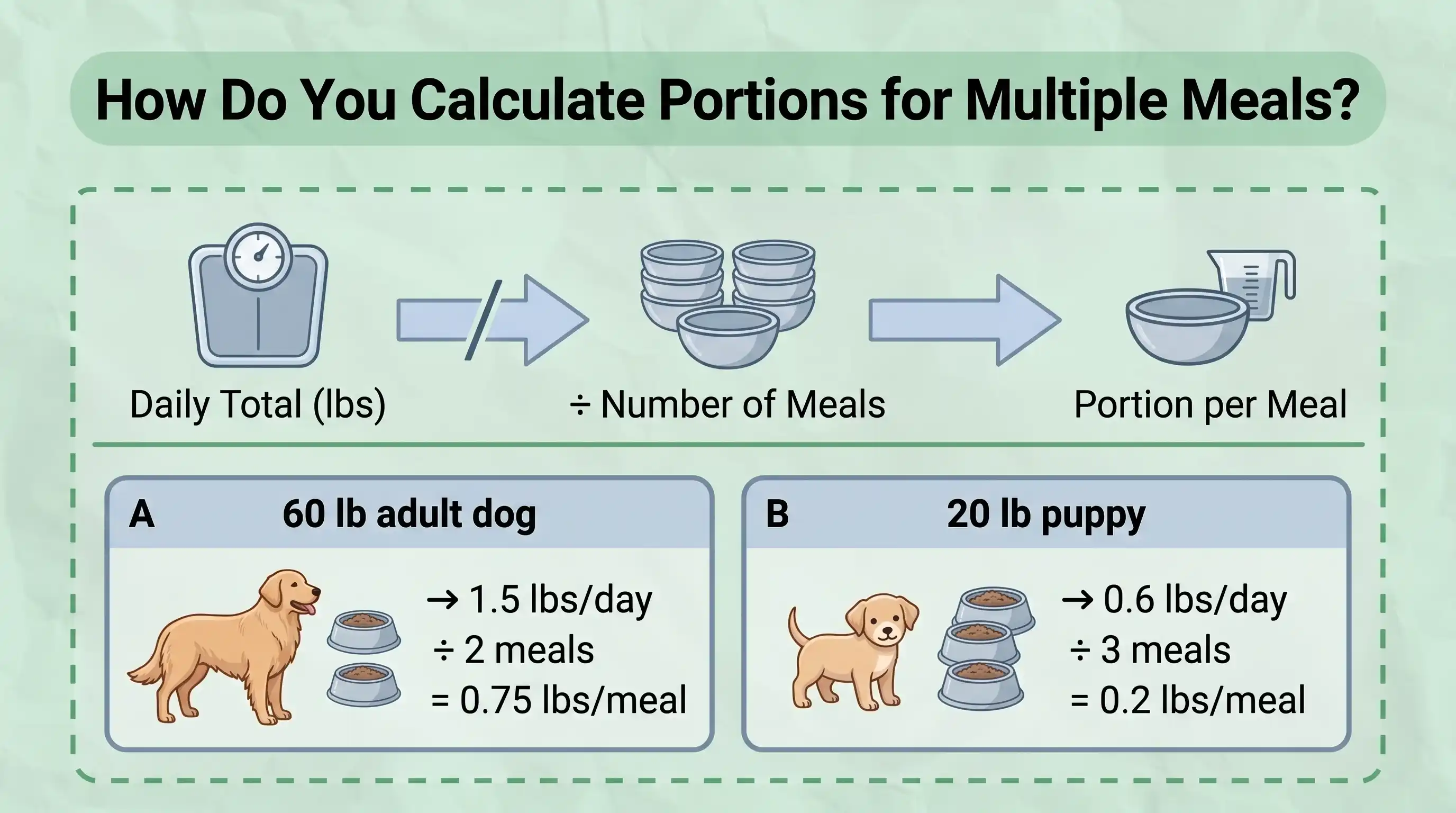 How to Calculate Dog Food Portions for Multiple Meals Infographic showing how to divide a dog's daily calorie or food requirement into multiple meals based on total daily intake, feeding schedule, and portion size.