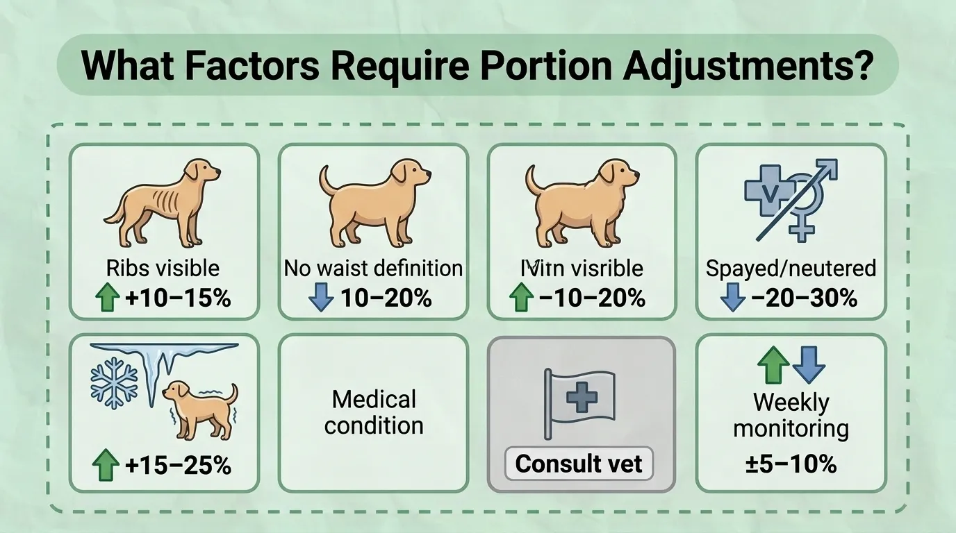 Factors That Require Raw Dog Food Portion Adjustments Infographic showing the key factors that affect raw dog food portion sizes, including age, body weight, activity level, body condition, health status, metabolism, and life stage.