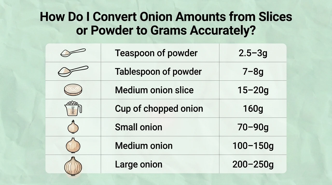 Infographic showing how to convert onion slices, chopped onion, onion powder, and other common onion forms into grams for accurate dog onion toxicity calculations.