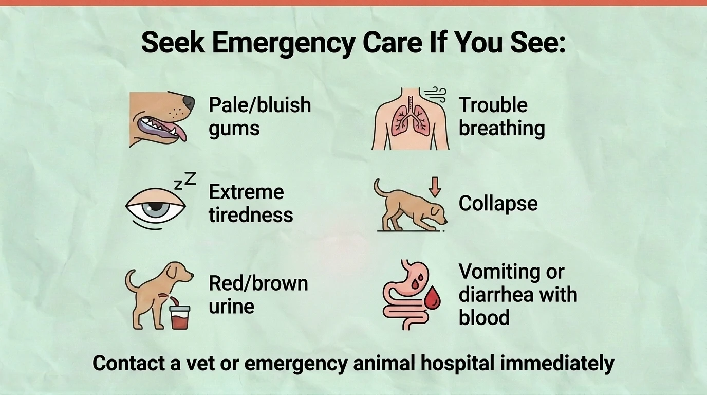 Infographic highlighting emergency warning signs after a dog eats onion or garlic, including vomiting, weakness, pale gums, rapid breathing, collapse, and other symptoms that require immediate veterinary care.