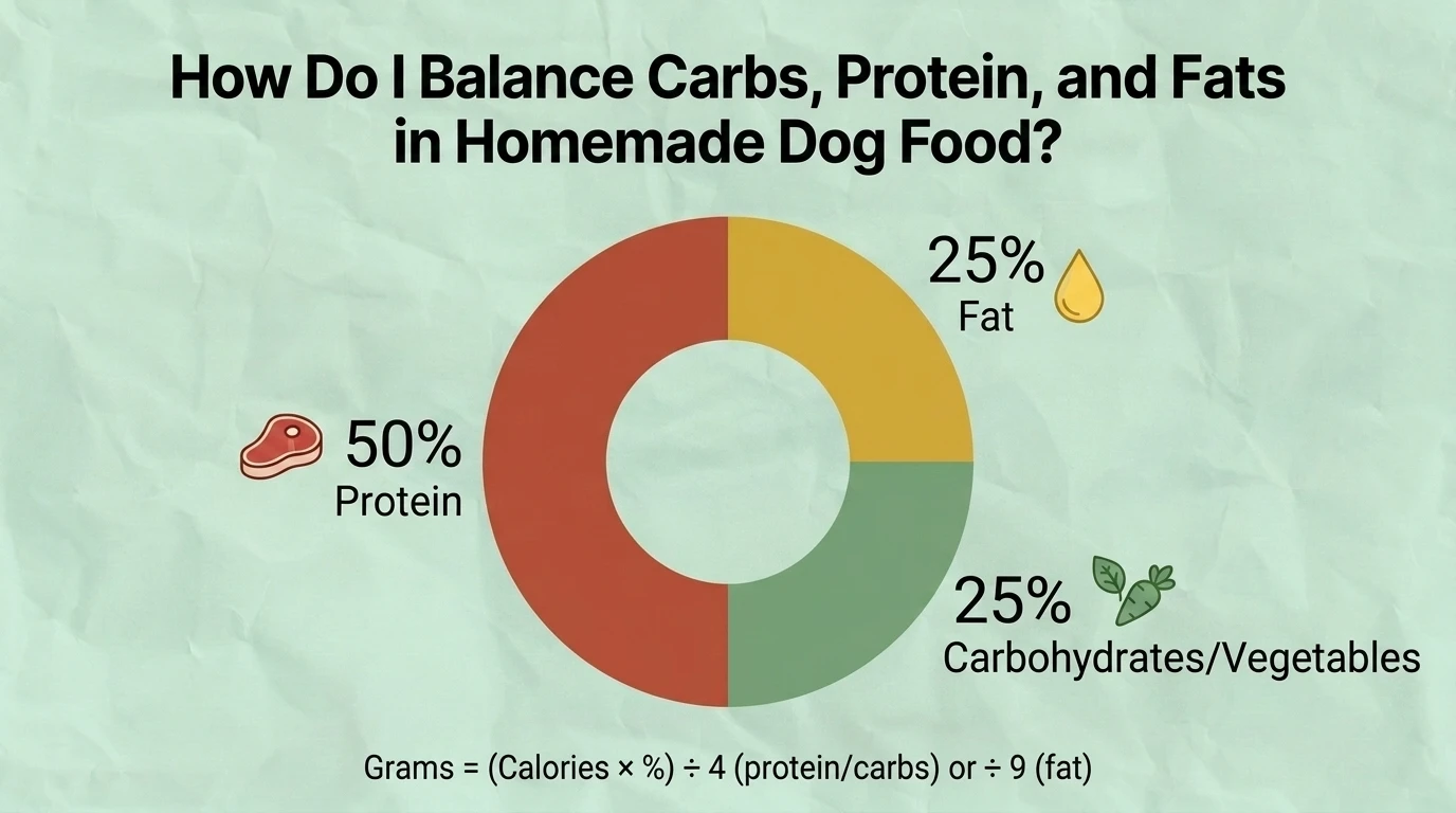 Infographic illustrating how to balance carbohydrates, protein, and fats in homemade dog food, showing recommended nutrient proportions for a complete and balanced canine diet.