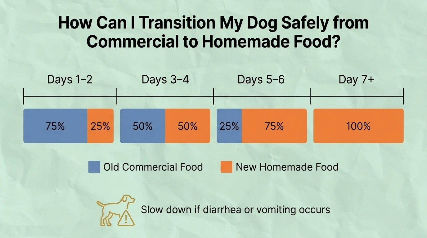 Step-by-step infographic showing how to safely transition a dog from commercial dog food to a balanced homemade diet by gradually increasing homemade meals while monitoring digestion and overall health.