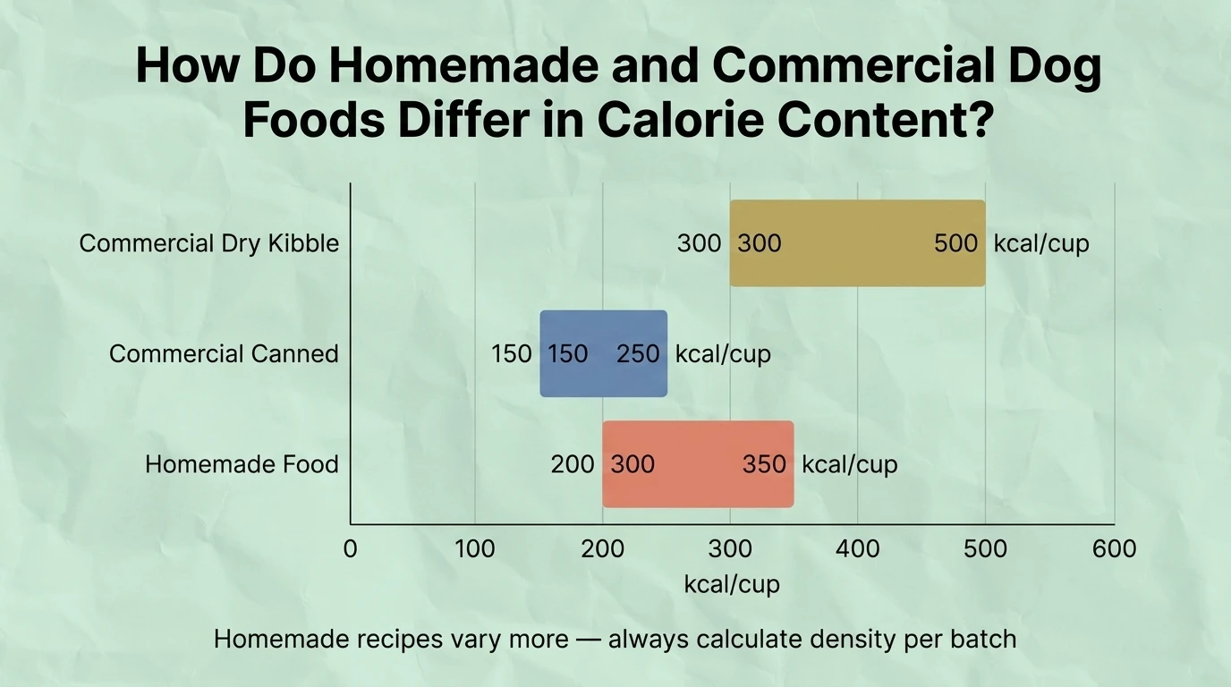 Comparison infographic showing how homemade and commercial dog foods can differ in calorie content, ingredient density, moisture levels, and portion sizes, affecting a dog's daily calorie intake.
