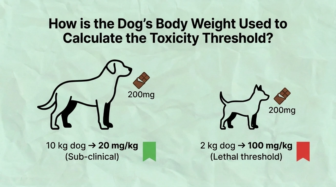 Infographic showing how a dog's body weight is used to calculate the chocolate toxicity threshold by comparing the amount of theobromine consumed per kilogram of body weight to established veterinary toxicity levels.