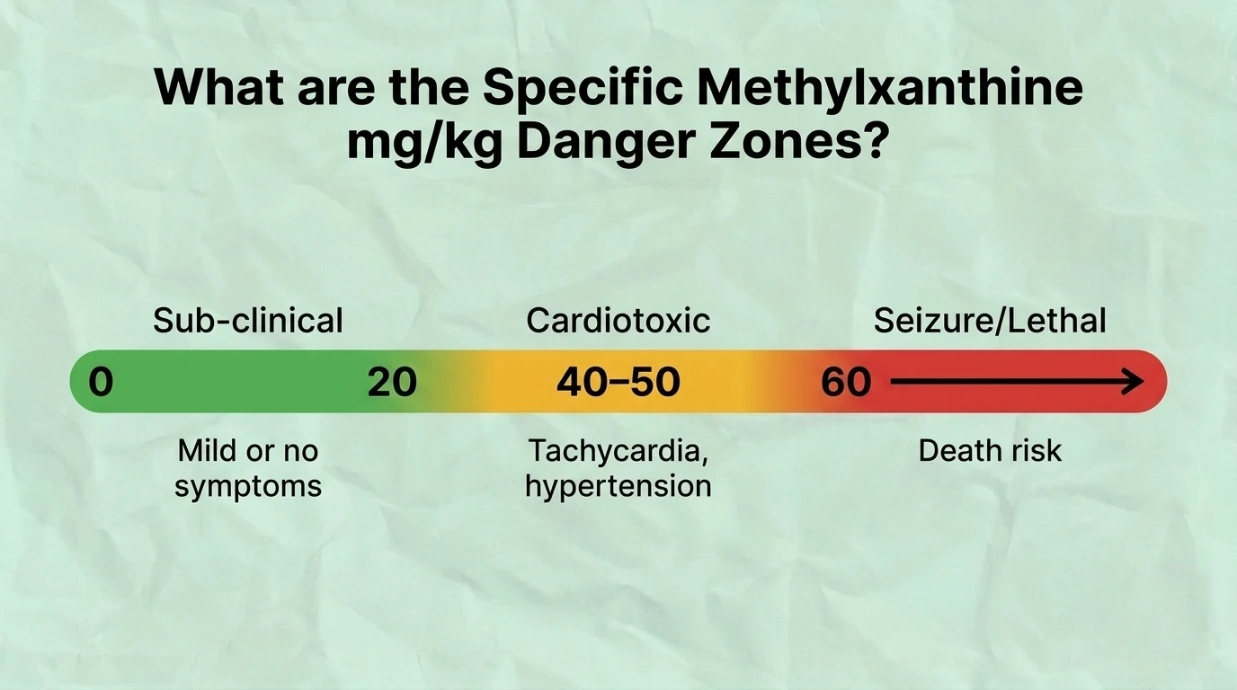 Chart showing methylxanthine toxicity danger zones for dogs by milligrams per kilogram (mg/kg), illustrating mild, moderate, severe, and life-threatening exposure levels used to assess chocolate poisoning risk.