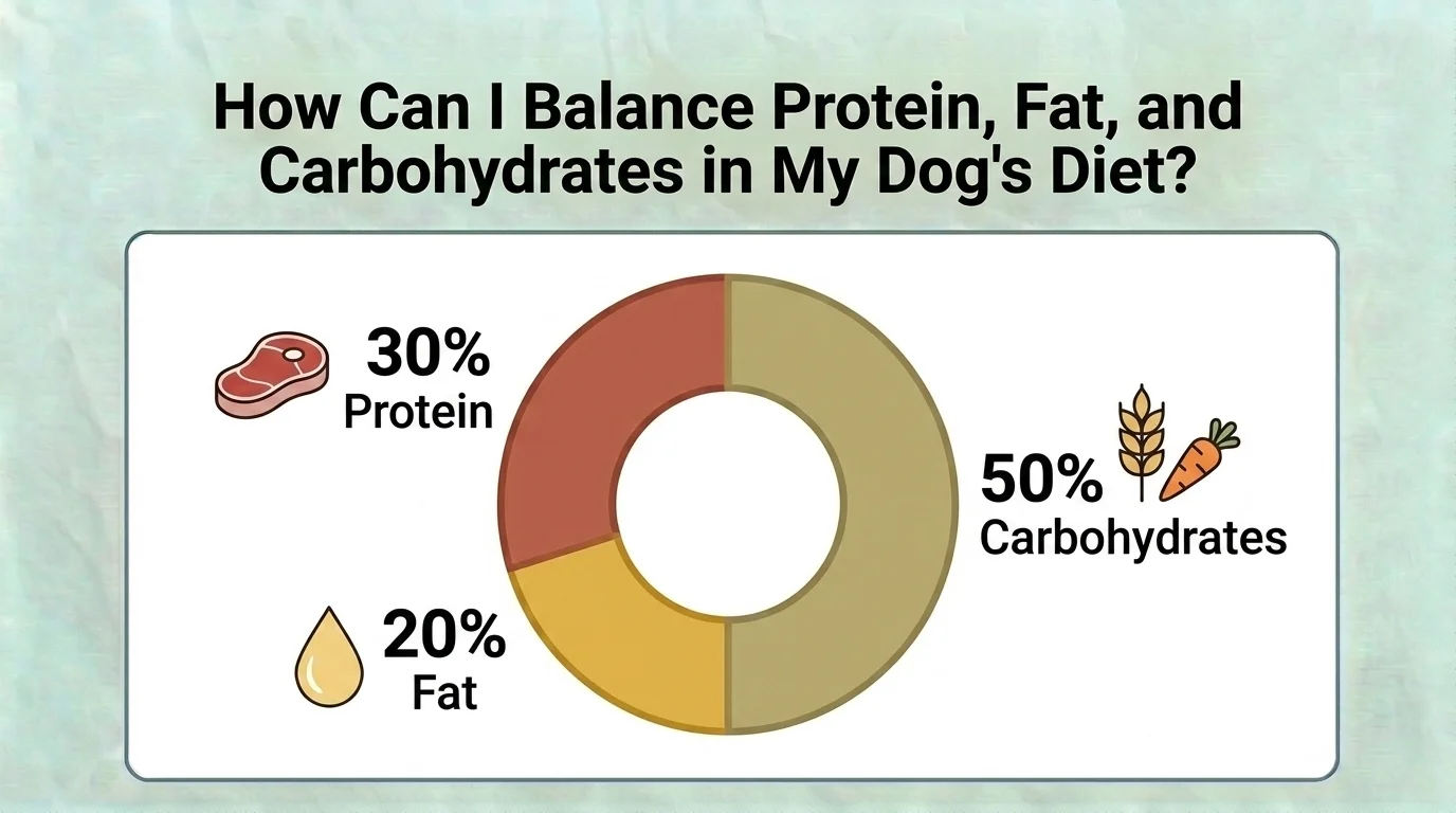 Infographic illustrating how to balance protein, fat, and carbohydrates in a dog's diet, showing recommended nutrient proportions for healthy daily nutrition based on life stage and activity level.