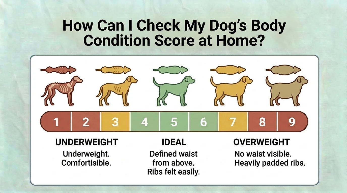 Step-by-step infographic showing how to check a dog's Body Condition Score (BCS) at home by assessing the ribs, waist, abdominal tuck, and overall body shape to determine whether the dog is underweight, ideal, or overweight.
