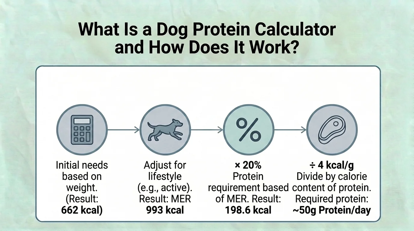 Infographic explaining how a dog protein calculator works by using a dog's body weight, life stage, activity level, and health goals to estimate daily protein requirements.