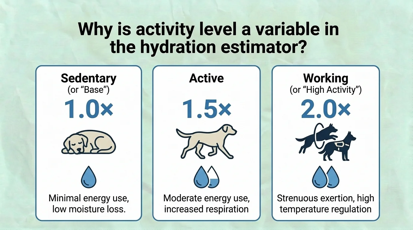 Why Activity Level Is a Variable in the Dog Hydration Estimator Infographic illustrating how a dog's activity level affects daily hydration needs, comparing water requirements for low, moderate, and highly active dogs due to increased fluid loss through exercise and panting.